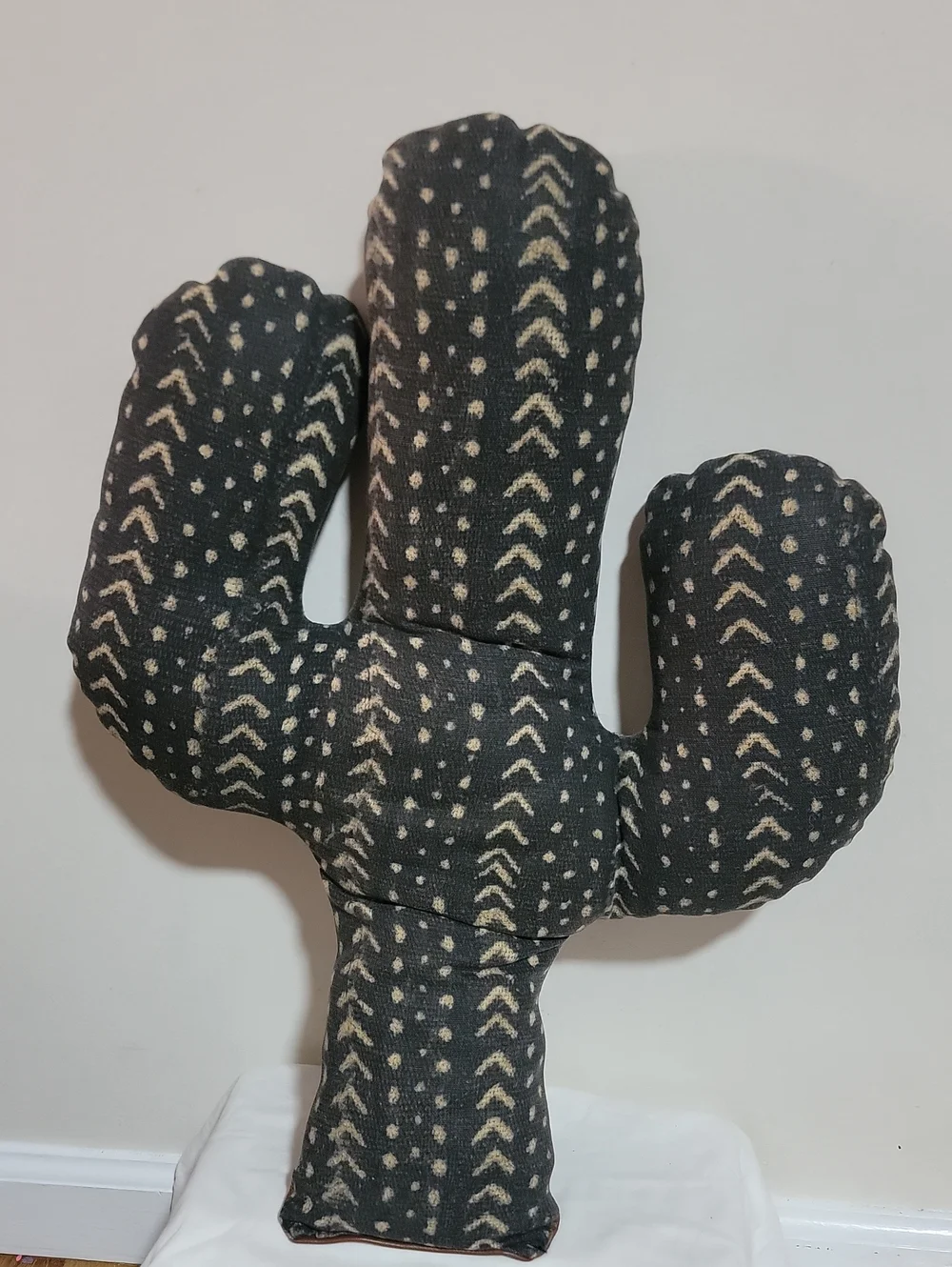 Handmade Cactus Pillow - Black & Cream Tribal Print With Leather On Back